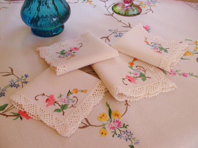 Striking tablecloth with hand-embroidered summer flowers and hand-done lace