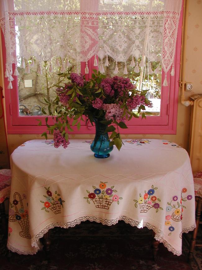 Gorgeous tablecloth with hand-embroidered baskets of flowers 1930