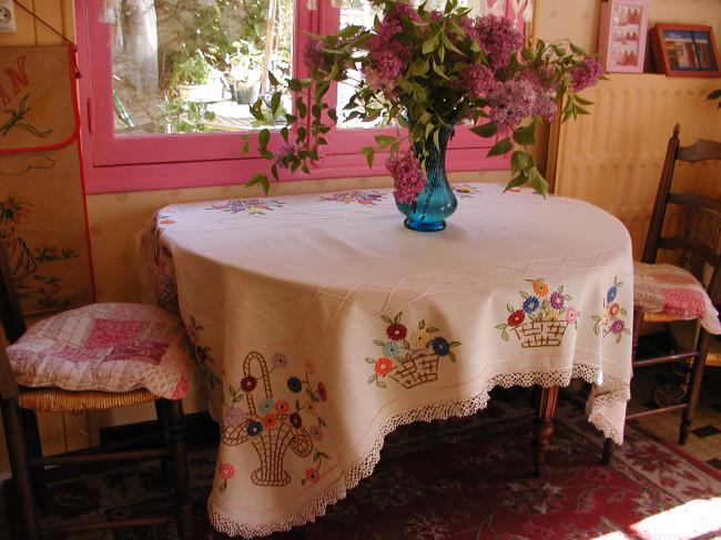 Gorgeous tablecloth with hand-embroidered baskets of flowers 1930