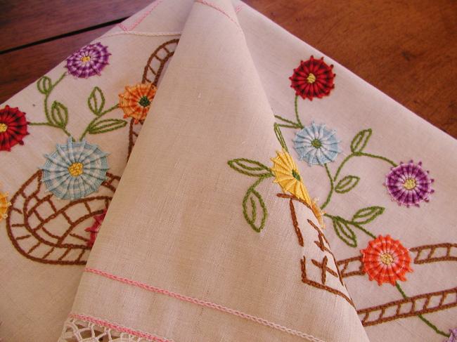 Gorgeous tablecloth with hand-embroidered baskets of flowers 1930