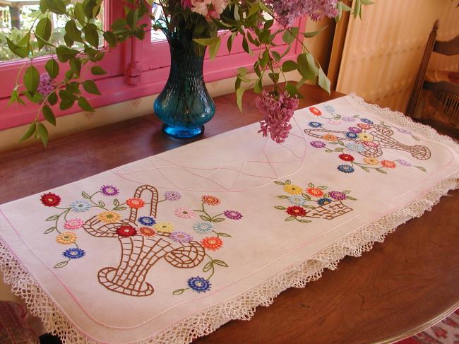 Gorgeous tablecloth with hand-embroidered baskets of flowers 1930