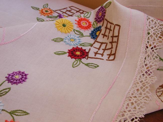 Gorgeous tablecloth with hand-embroidered baskets of flowers 1930