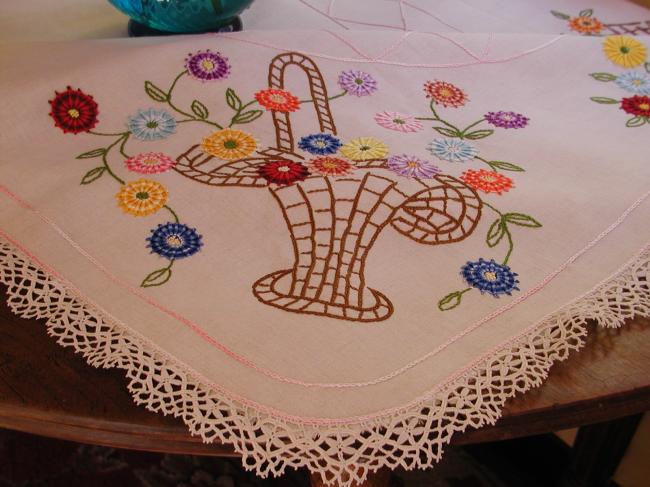 Gorgeous tablecloth with hand-embroidered baskets of flowers 1930