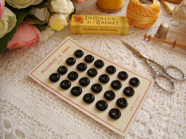 Adorable carte de 24 petits boutons ronds en coupelle, couleur noire, 1930, 10mm