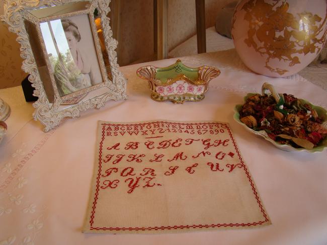 Lovely sampler made in red cross stitches, circa 1930