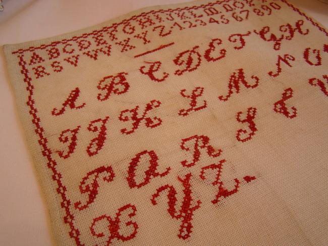 Lovely sampler made in red cross stitches, circa 1930