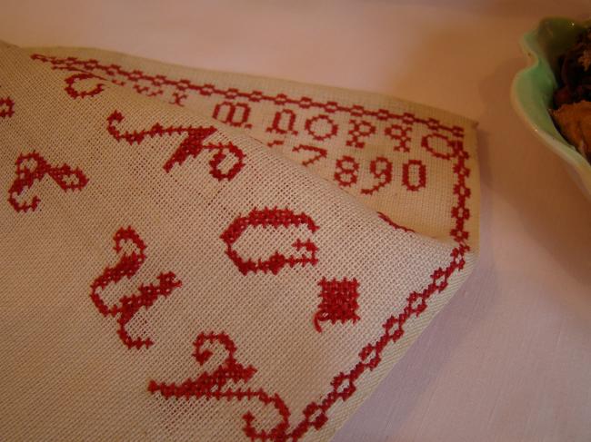 Lovely sampler made in red cross stitches, circa 1930