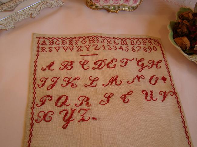 Lovely sampler made in red cross stitches, circa 1930