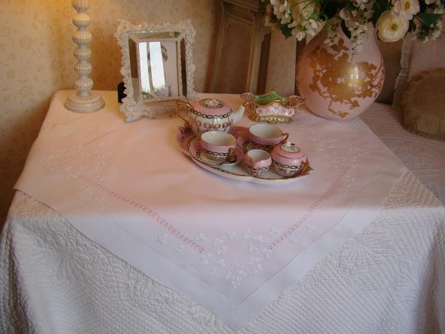 So sweet tablecloth with quantity of hand-embroidered clovers, circa 1915