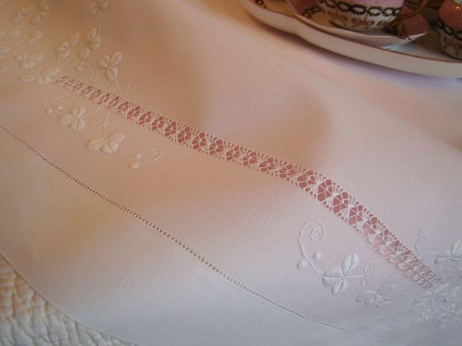 So sweet tablecloth with quantity of hand-embroidered clovers, circa 1915