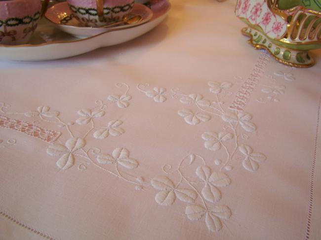 So sweet tablecloth with quantity of hand-embroidered clovers, circa 1915