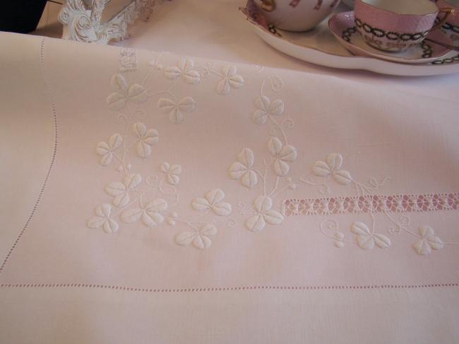 So sweet tablecloth with quantity of hand-embroidered clovers, circa 1915