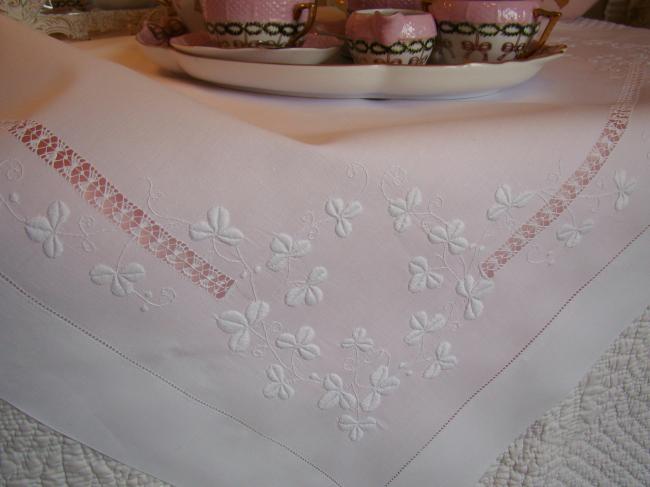 So sweet tablecloth with quantity of hand-embroidered clovers, circa 1915