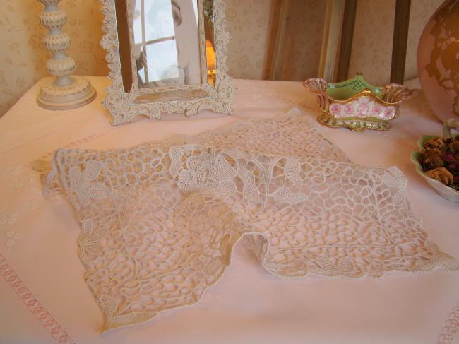 Superbe centre de table en dentelle de lacets rebrodé au point de Milan