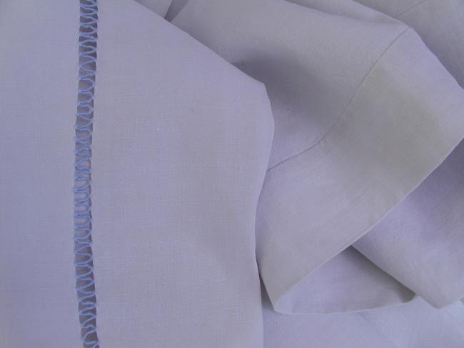 Superb large pure fine linen with hand-made blue lavender drawn thread river