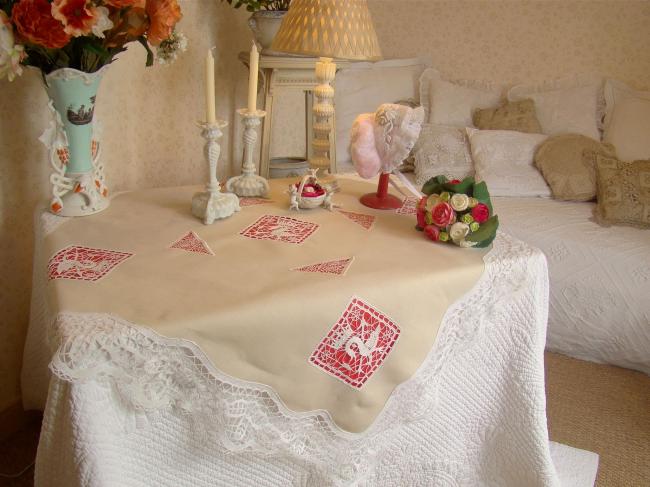 Splendeur de nappe en lin avec insertions de dentelle aux fuseaux et Venise