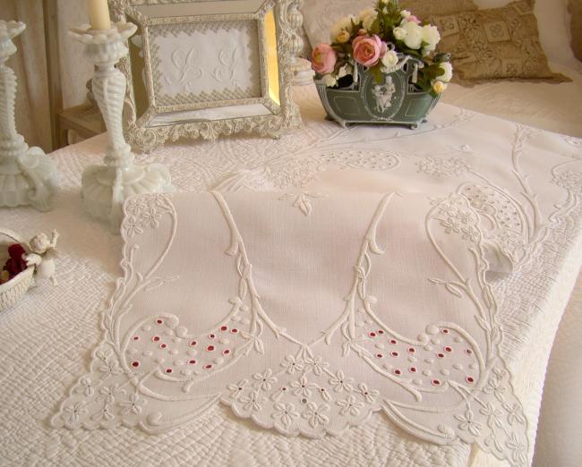 Exceptional table runner with raised white work and open works 1900