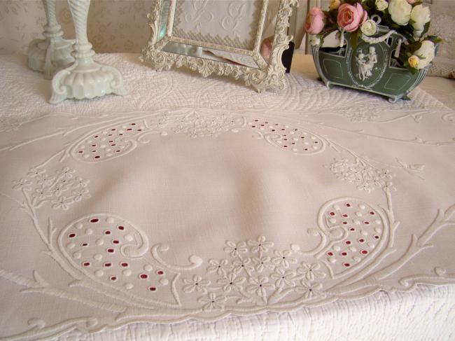 Exceptional table runner with raised white work and open works 1900