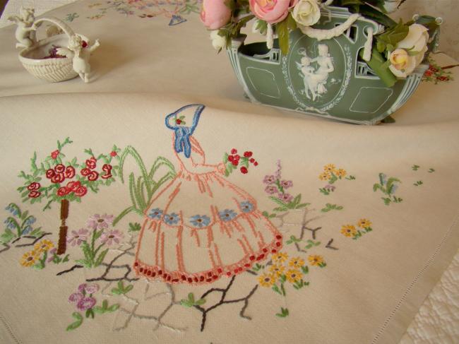 Lovely tablecloth with hand-embroidered crinoline lady and sundial in garden