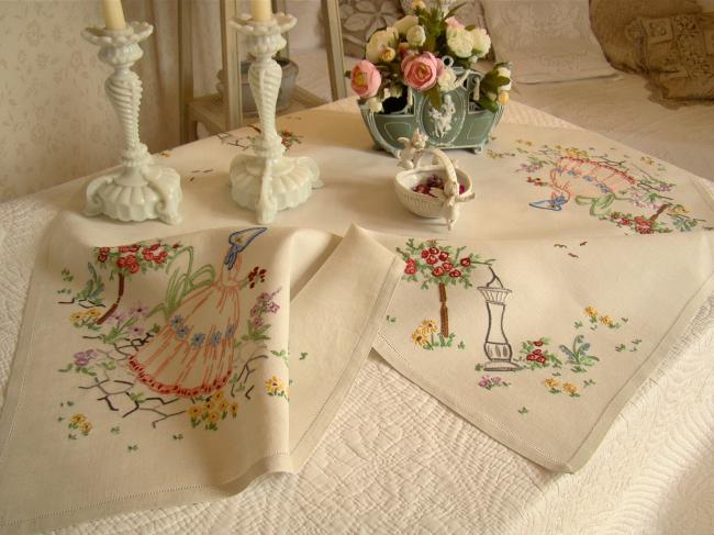 Lovely tablecloth with hand-embroidered crinoline lady and sundial in garden