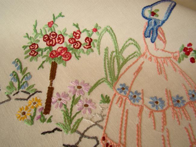 Lovely tablecloth with hand-embroidered crinoline lady and sundial in garden