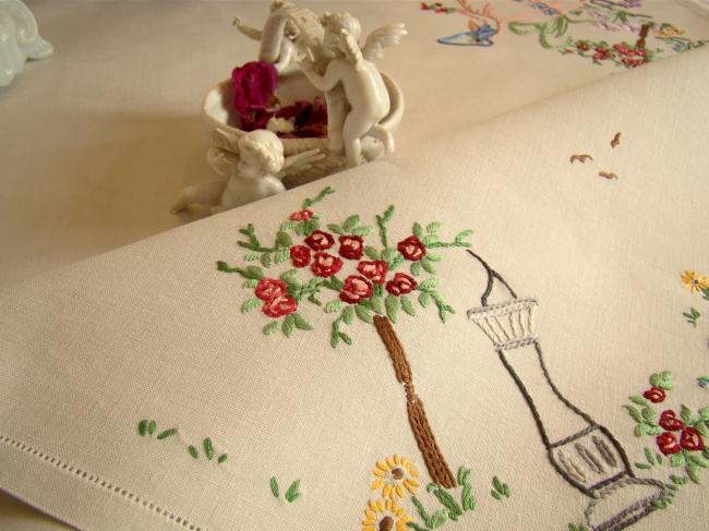 Lovely tablecloth with hand-embroidered crinoline lady and sundial in garden