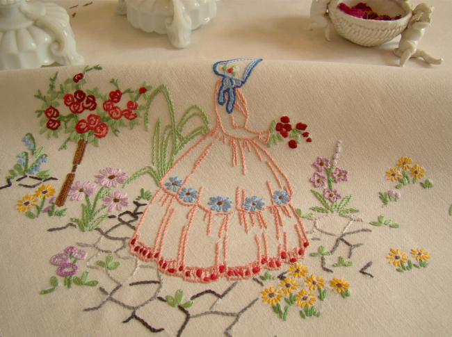 Lovely tablecloth with hand-embroidered crinoline lady and sundial in garden