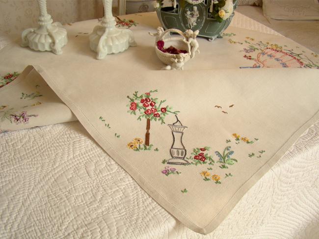 Lovely tablecloth with hand-embroidered crinoline lady and sundial in garden