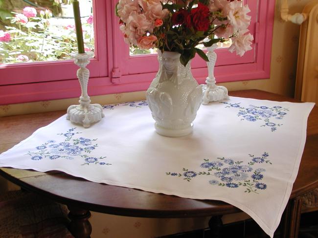 So sweet tablecloth with hand-embroidered blue flowers