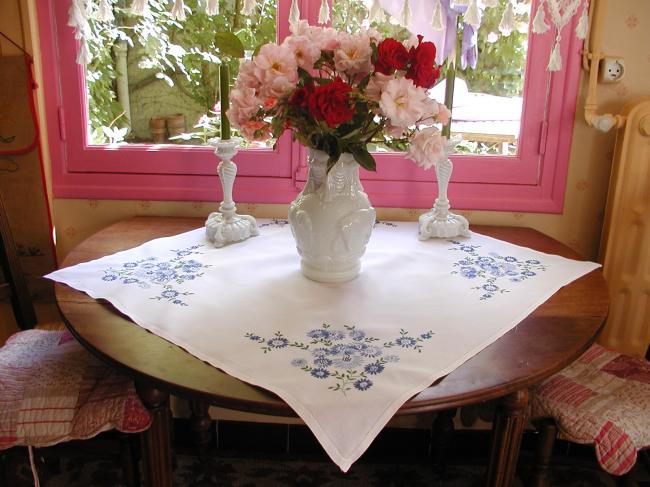 So sweet tablecloth with hand-embroidered blue flowers