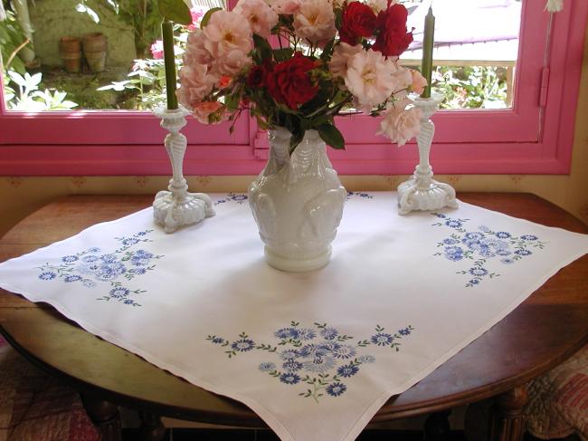 So sweet tablecloth with hand-embroidered blue flowers