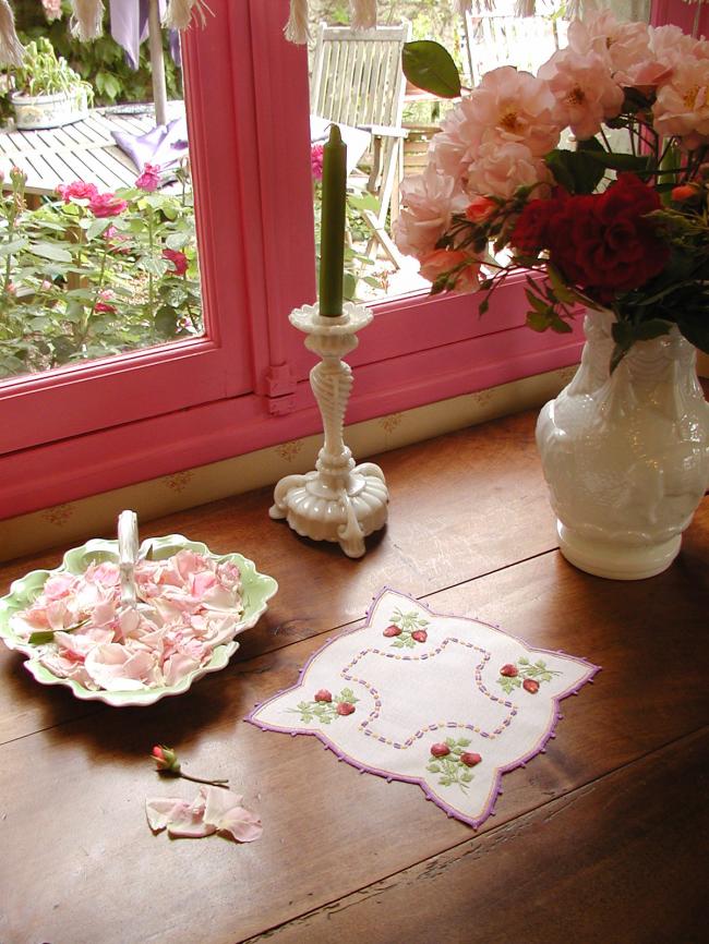 So adorable doily with hand-embroidered raised red roses