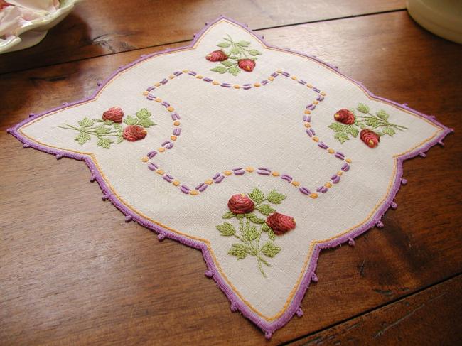 So adorable doily with hand-embroidered raised red roses