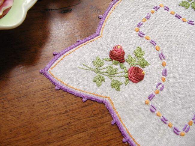 So adorable doily with hand-embroidered raised red roses