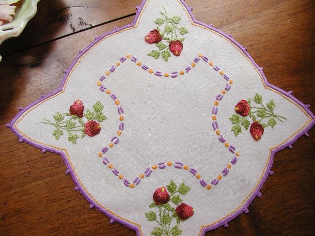 So adorable doily with hand-embroidered raised red roses