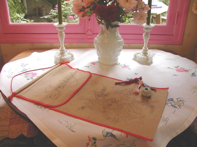 Wonderful french bread bag with a Mill & flowers, ready to be embroidered 1940