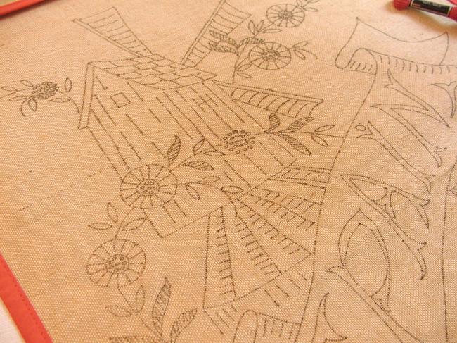 Wonderful french bread bag with a Mill & flowers, ready to be embroidered 1940