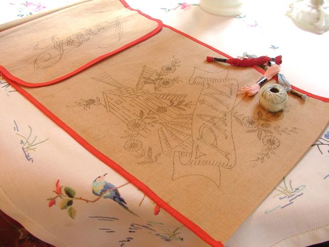 Wonderful french bread bag with a Mill & flowers, ready to be embroidered 1940