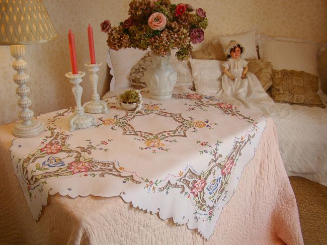 Striking tablecloth in Madeira work, rich color, hand-embroidered flowers