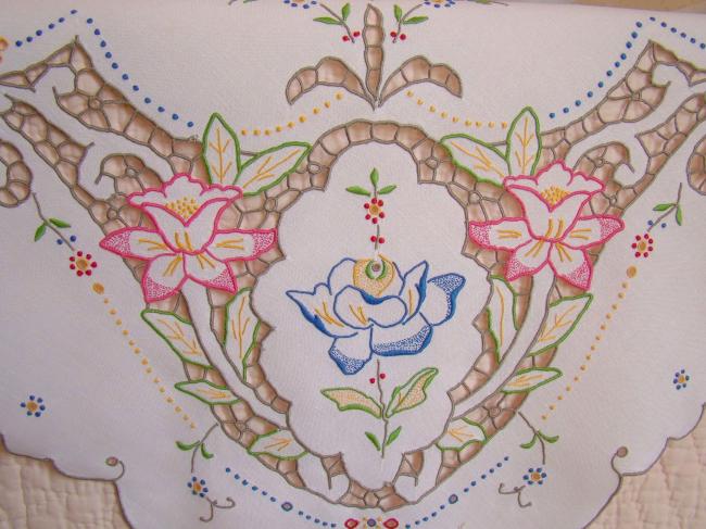 Striking tablecloth in Madeira work, rich color, hand-embroidered flowers