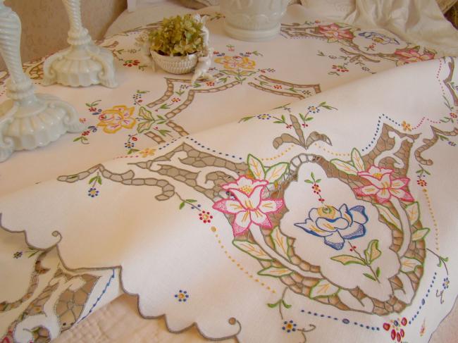 Striking tablecloth in Madeira work, rich color, hand-embroidered flowers