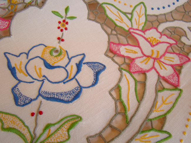 Striking tablecloth in Madeira work, rich color, hand-embroidered flowers