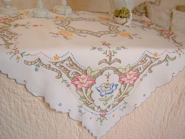 Striking tablecloth in Madeira work, rich color, hand-embroidered flowers