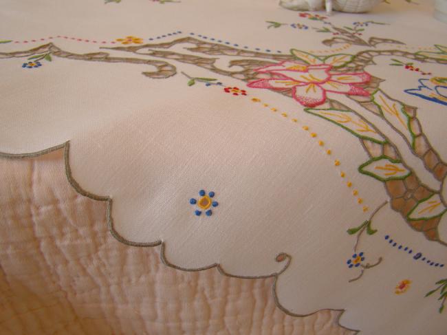 Striking tablecloth in Madeira work, rich color, hand-embroidered flowers