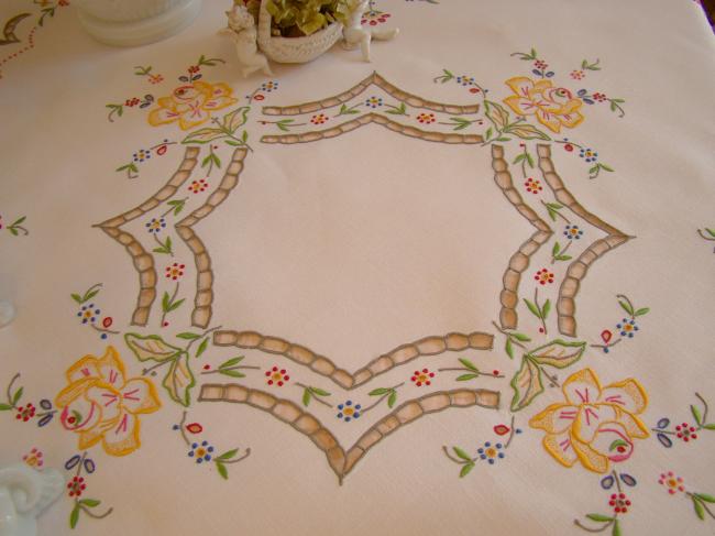 Striking tablecloth in Madeira work, rich color, hand-embroidered flowers