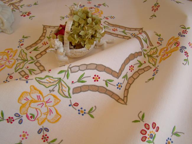 Striking tablecloth in Madeira work, rich color, hand-embroidered flowers