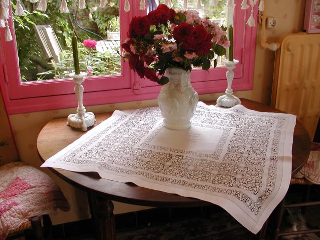 Marvellous tablecloth with large drawn thread work and monogram AC