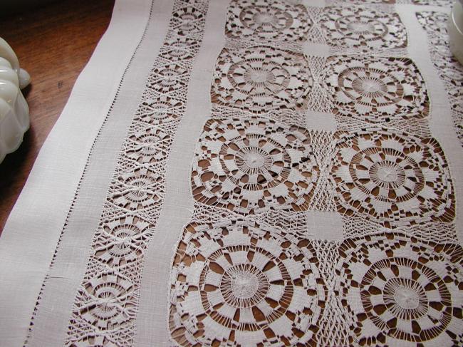 Marvellous tablecloth with large drawn thread work and monogram AC