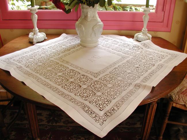 Marvellous tablecloth with large drawn thread work and monogram AC