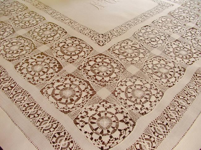 Marvellous tablecloth with large drawn thread work and monogram AC